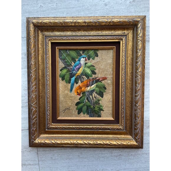 Vintage Gris Painting on Silk Artist Signed Exotic Tropical Birds Thailand Gold - Picture 2 of 7